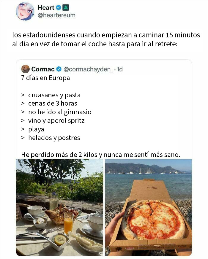 Americans sorprendidos por estilo de vida europeo, disfrutando comida, playa y descanso en viaje de 7 días en Europa.