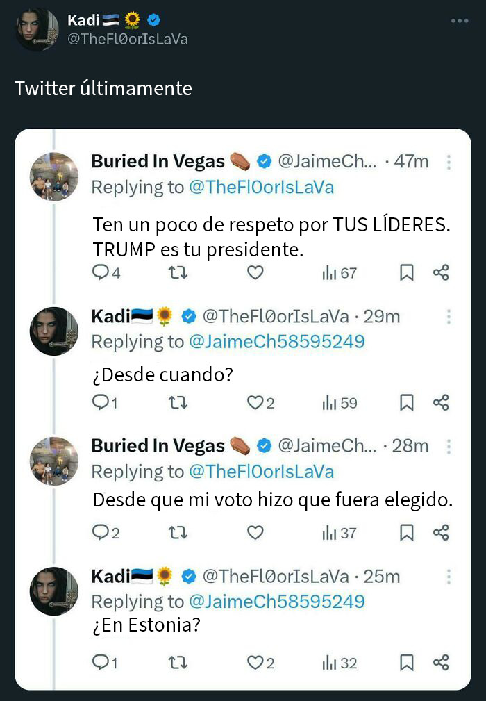 Captura de pantalla de conversación de Twitter mostrando comentarios ignorantes de estadounidenses con toque europeo gentil.