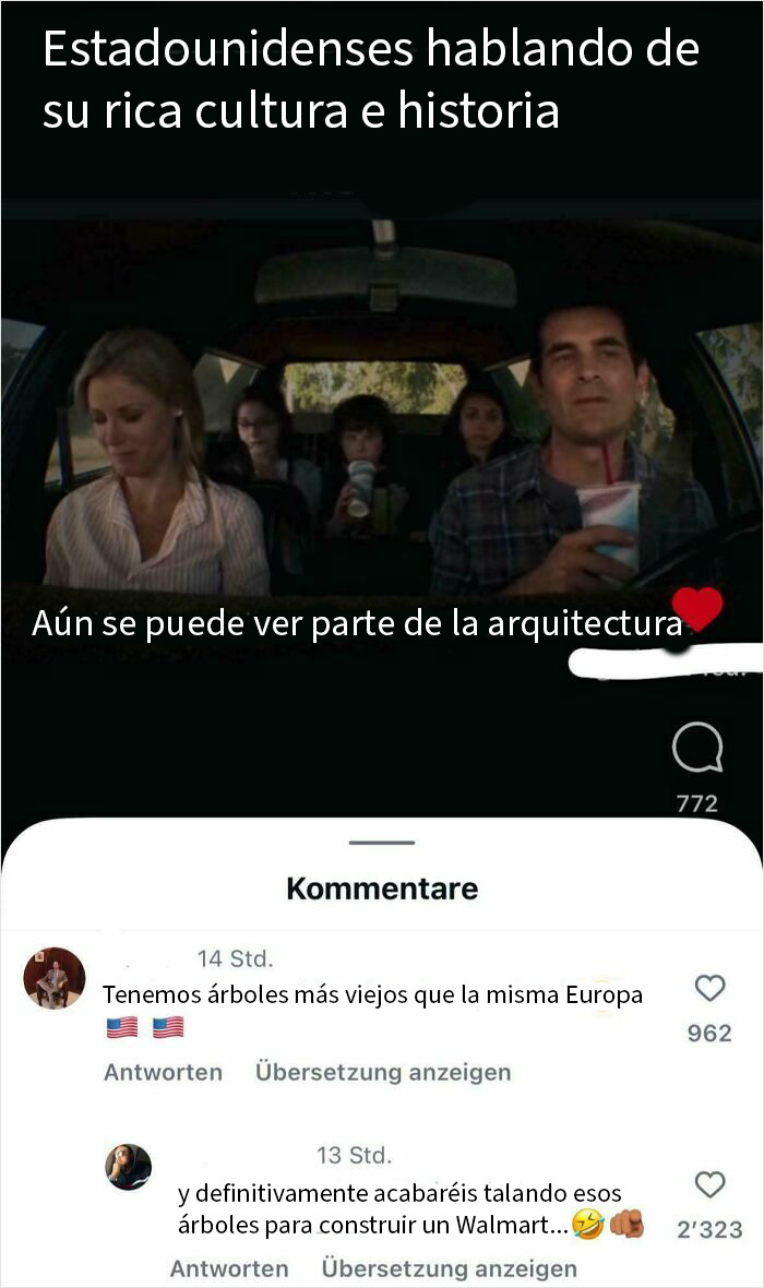 Familia estadounidense en coche discutiendo cultura e historia, comentarios ignorantes que merecen una suave reacción europea.