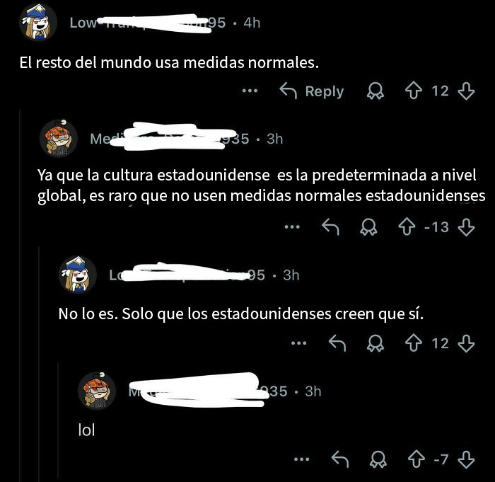 Captura de pantalla de comentarios ignorantes de americanos sobre medidas, destacando el humor y roasting europeo suave.