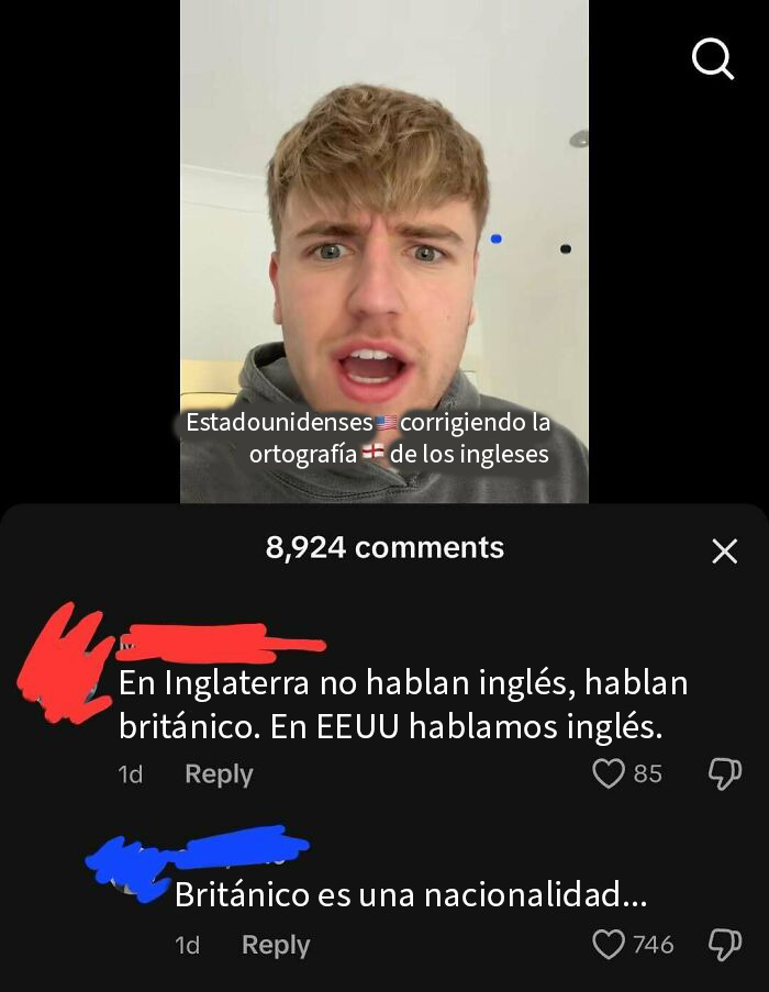 Joven haciendo comentario sobre errores de americanos en inglés mientras se muestran respuestas ignorantes en redes sociales.