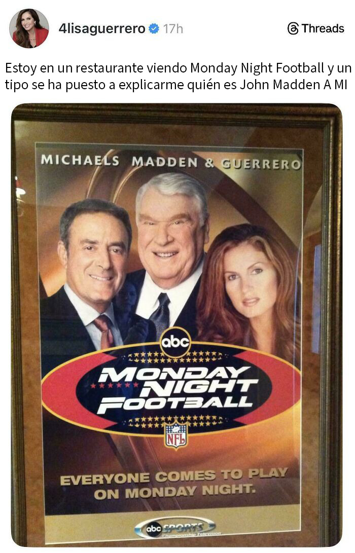 Lisa Guerrero, quien trabajó como reportera secundaria para Monday Night Football durante una temporada, publicó esto en Threads