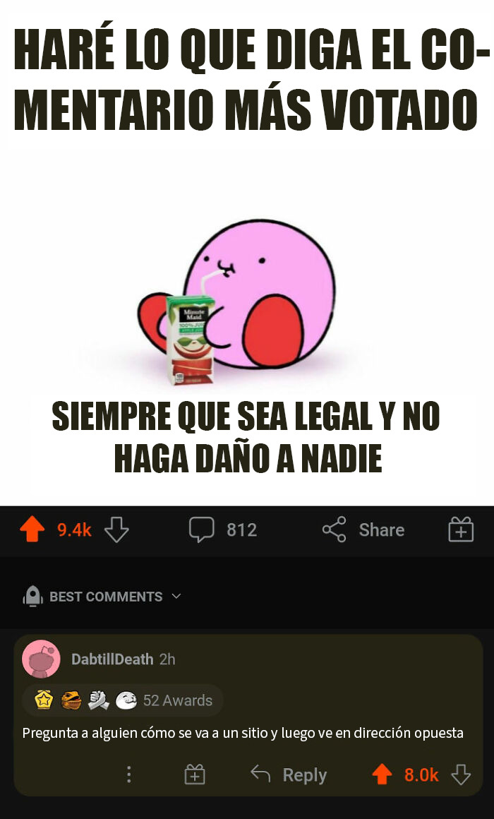 Personaje rosa bebiendo jugo, texto sobre comentarios y respuestas legales en redes sociales con votos y premios visibles.