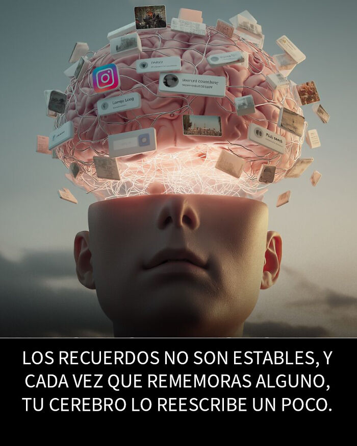 Cabeza humana con cerebro expuesto rodeado de conexiones digitales, representando hechos inquietantes y datos perturbadores.