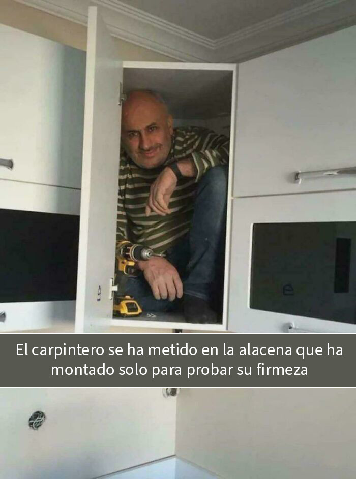 Hombre dentro de un gabinete pequeño que construyó un contratista para demostrar su resistencia en una broma divertida.