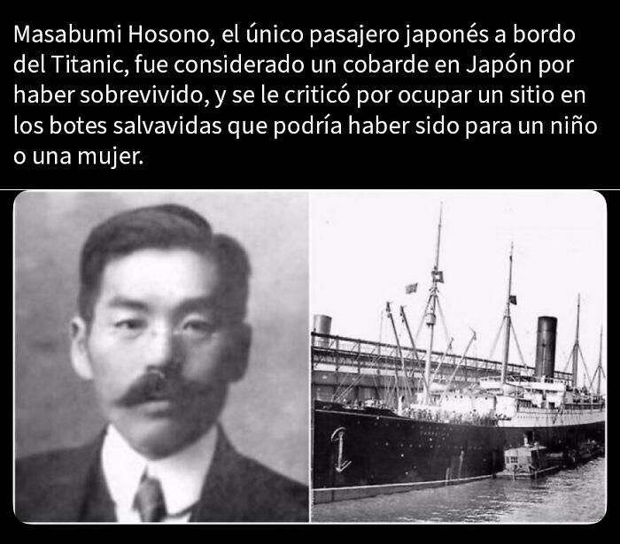 Retrato en blanco y negro de Masabumi Hosono y fotografía histórica del Titanic en el puerto, datos inquietantes y aterradores.
