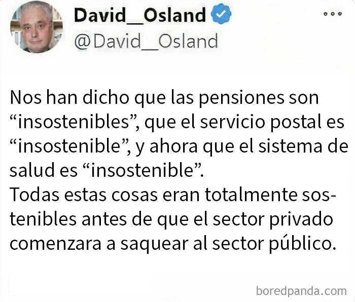 Texto de captura de pantalla con mensaje sobre pensiones y sostenibilidad, representación de imágenes horribles de Estados Unidos distópico.
