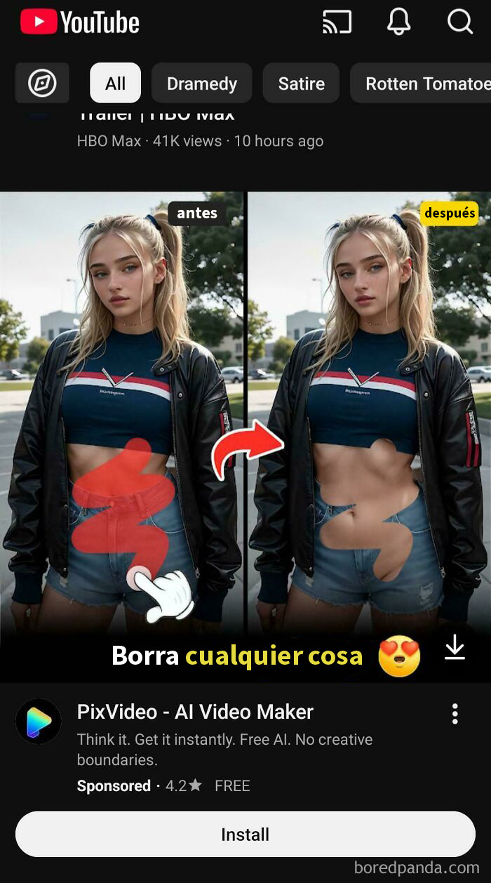 Joven con chaqueta negra y short, editada con aplicación para borrar objetos en una foto de pesadilla distópica en EE.UU.