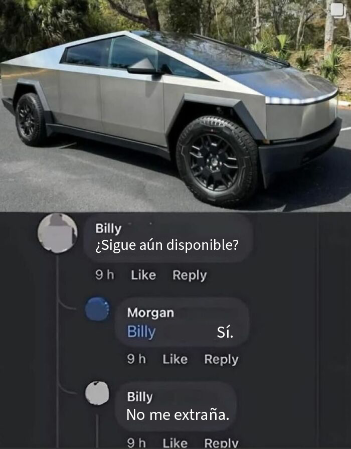 Coche futurista con diseño angular junto a comentarios divertidos en redes sociales memes para animar el día.
