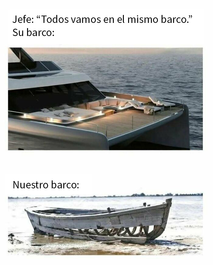 Comparación entre yate de lujo y bote viejo y roto que refleja memes hilarantes para levantar el ánimo rápidamente.