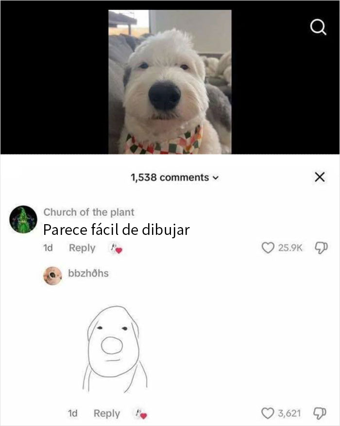 Perro con dibujo sencillo y comentarios divertidos, memes graciosos que elevan el ánimo al instante.