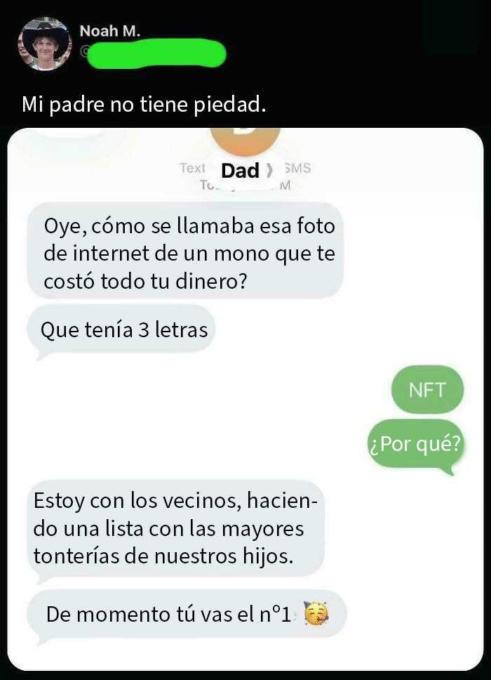 Conversación de texto divertida entre padre e hijo sobre gastar dinero en un NFT de mono, parte de textos que provocan risas.
