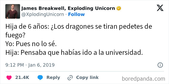 Tuit divertido de un niño de 6 años con comentario gracioso que hizo reír a adultos y fallos infantiles inesperados.