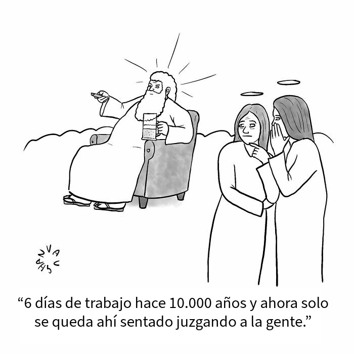 Viñeta de cómic de Vaughan Tomlinson mostrando un dios sentado juzgando a dos ángeles en momentos modernos.