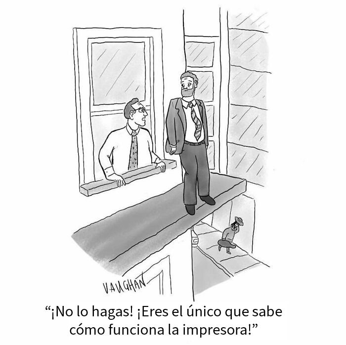 Viñeta de Vaughan Tomlinson mostrando un momento relatable de la vida moderna con dos hombres en traje discutiendo.