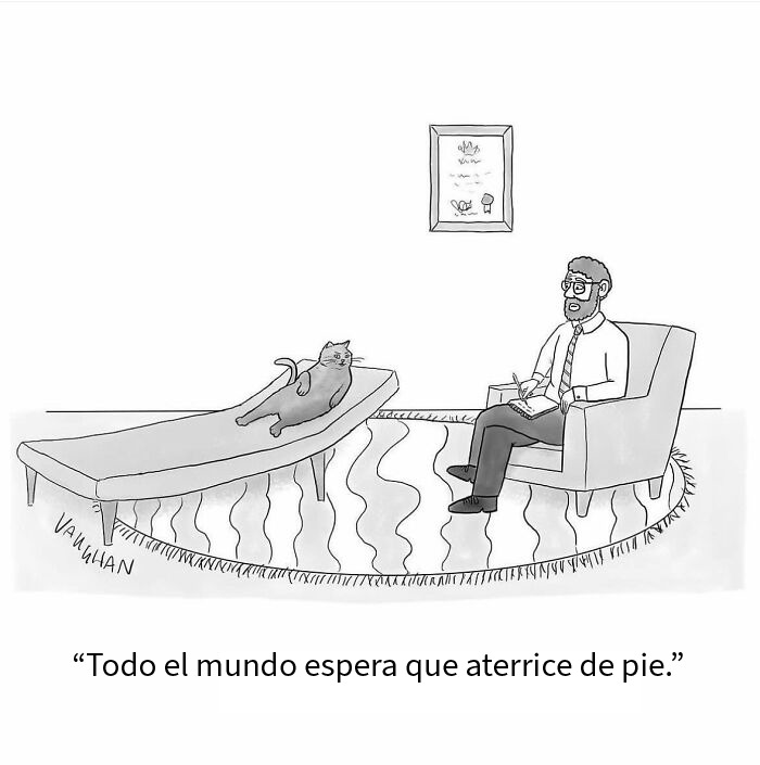 Ilustración de cómic de Vaughan Tomlinson mostrando un momento moderno y relatable en la vida cotidiana.