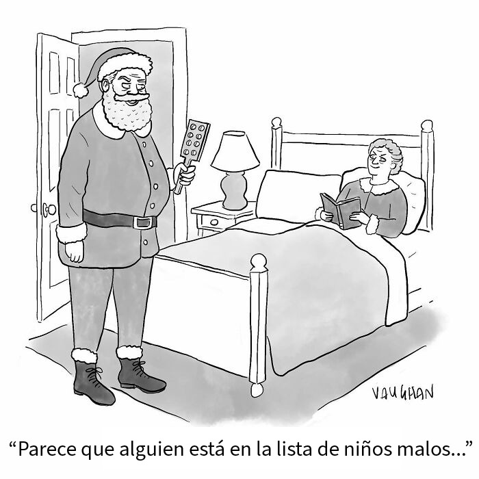 Caricatura de Vaughan Tomlinson mostrando a una persona y un gato en bote, capturando momentos relatables de la vida moderna.