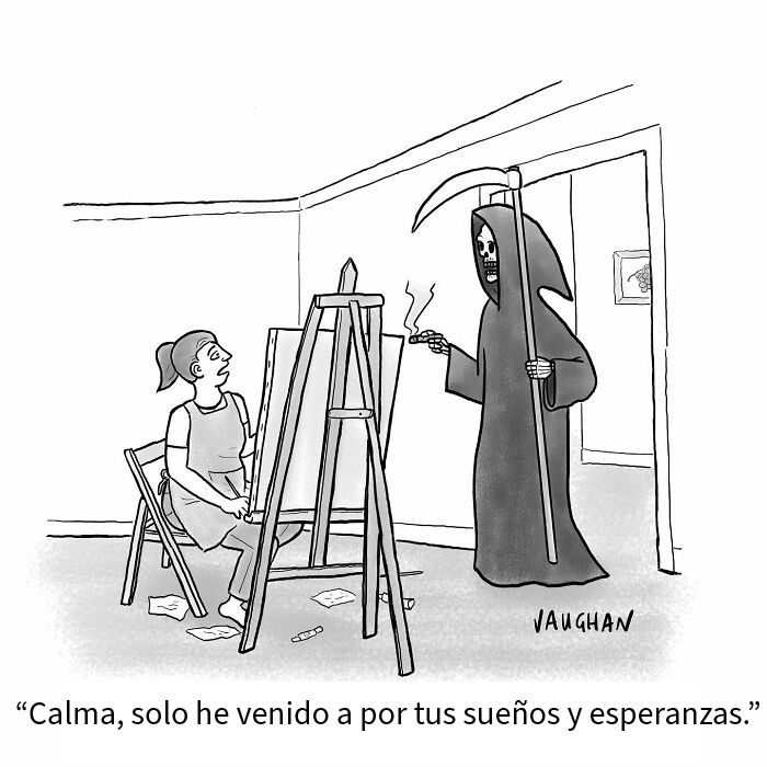 Cómic de Vaughan Tomlinson mostrando momentos relatables en la vida moderna con una artista y la figura de la muerte.