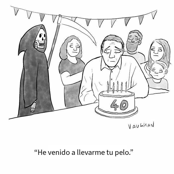 Cómic de Vaughan Tomlinson mostrando momentos modernos y situaciones cotidianas con personajes en el infierno y una persona en el sofá.