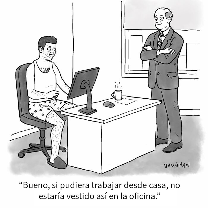 Hombre en pijama trabajando desde casa mientras su jefe lo observa, cómic de Vaughan sobre momentos modernos.