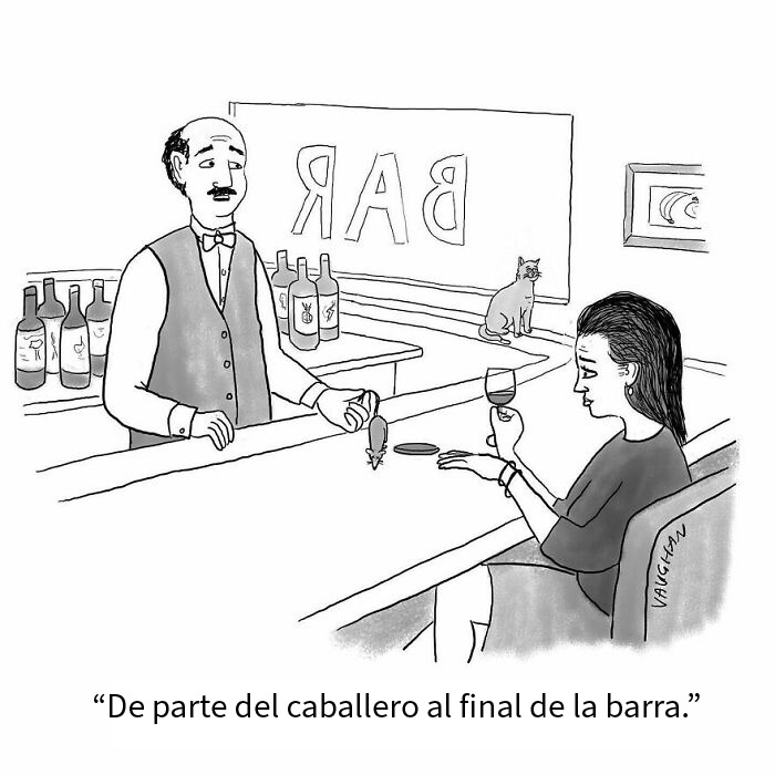 Viñeta de Vaughan Tomlinson en un bar mostrando momentos modernos y situaciones cotidianas con humor y realismo.