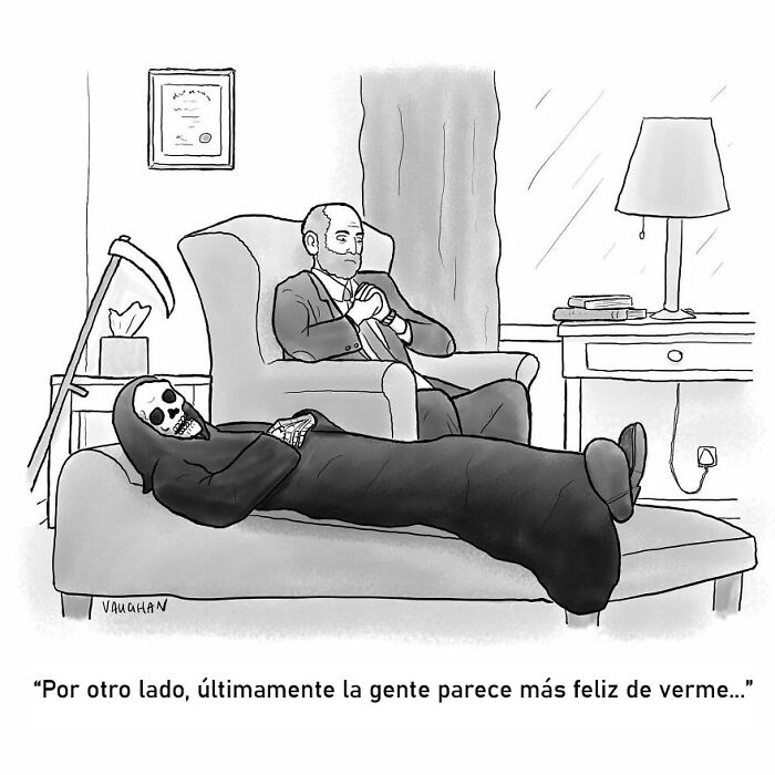 Viñeta de Vaughan Tomlinson con la Muerte en terapia, representando momentos modernos y situaciones comprensibles.