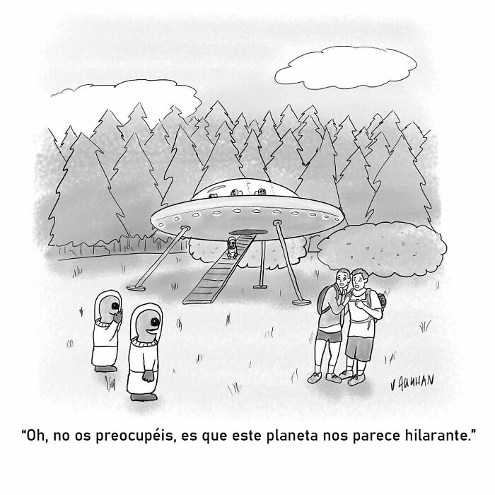Cómic de Vaughan Tomlinson con ovni y alienígenas que captura momentos modernos y situaciones cotidianas relatables.
