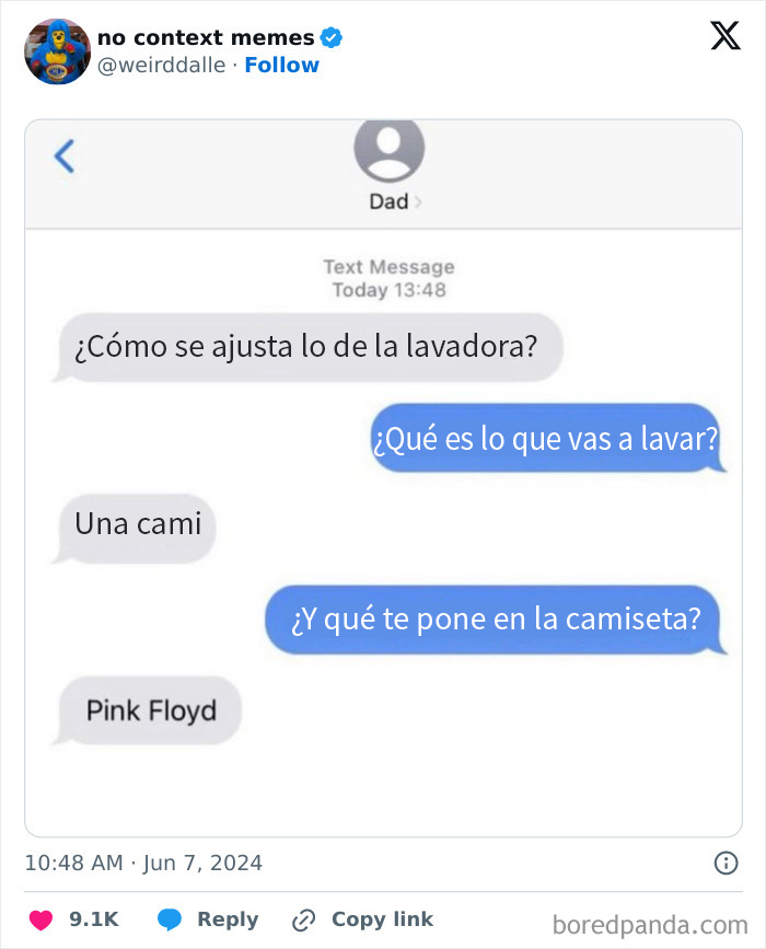 Conversación divertida por mensaje de texto entre padre e hijo sobre cómo usar la lavadora, causando risa inmediata.