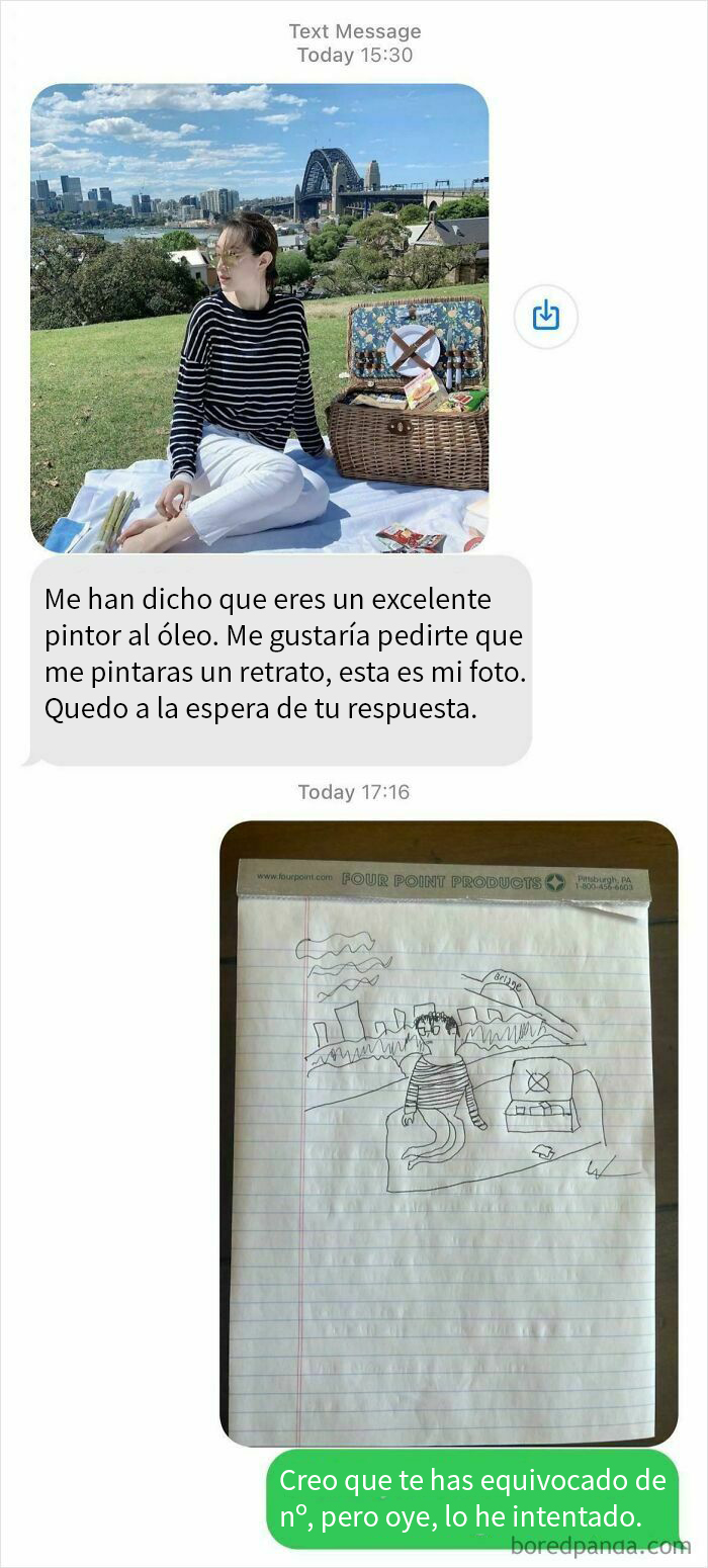 Conversación divertida por mensajes con dibujo inusual tras pedir un retrato, texto gracioso y reacción inesperada.