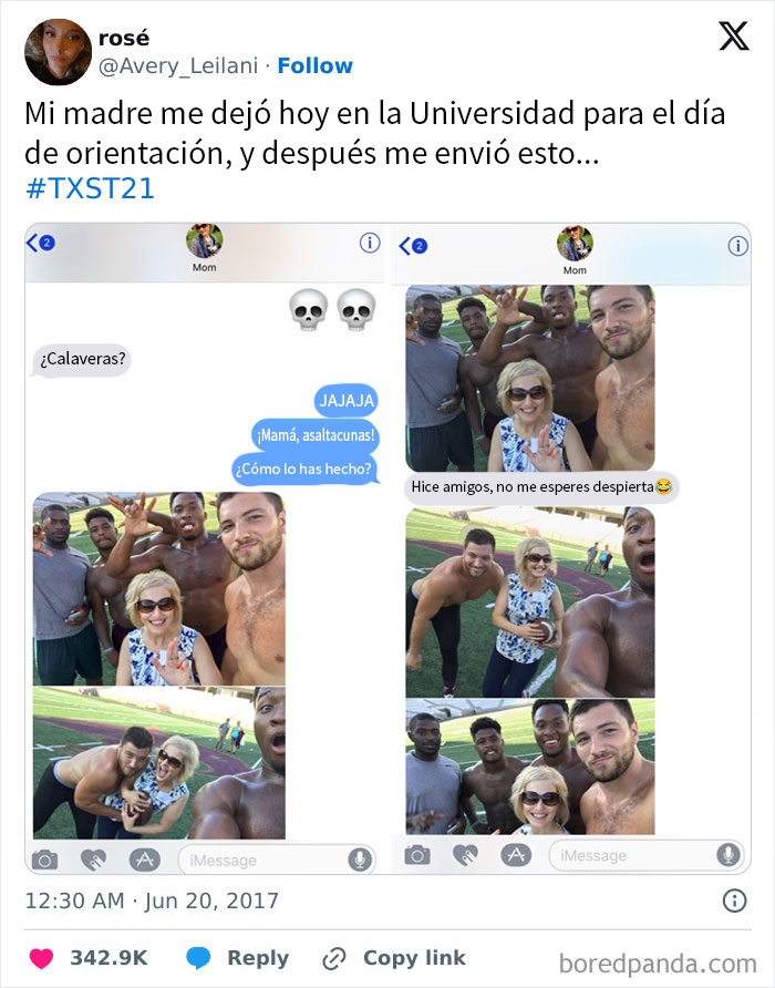 Capturas de pantalla de conversaciones de texto divertidas con fotos de grupo y emojis de calaveras.