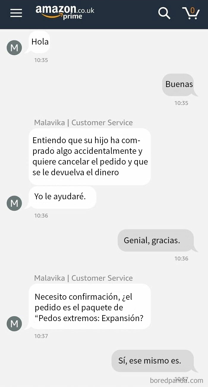 Captura de pantalla de conversación divertida con servicio al cliente sobre pedido accidental y reembolso en Amazon.