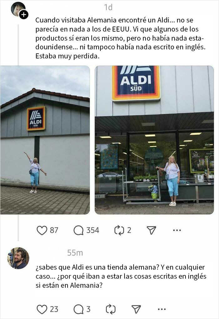 Mujer confundida en tienda Aldi en Alemania, ejemplo divertido de americanos que no entienden cómo funciona el mundo.