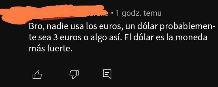 Comentario en inglés con error sobre la moneda dólar, ejemplo divertido de estadounidenses sin idea del mundo.
