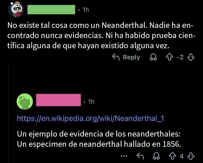 Captura de pantalla de discusión sobre evidencia de neandertales en hilo de Reddit, mostrando confusión sobre el mundo.