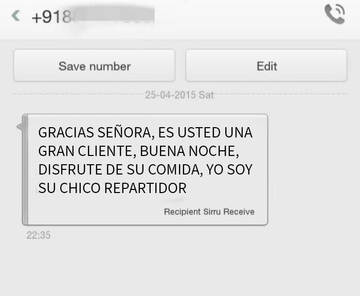 Mi amiga en Delhi acaba de recibir este mensaje del repartidor de pizzas