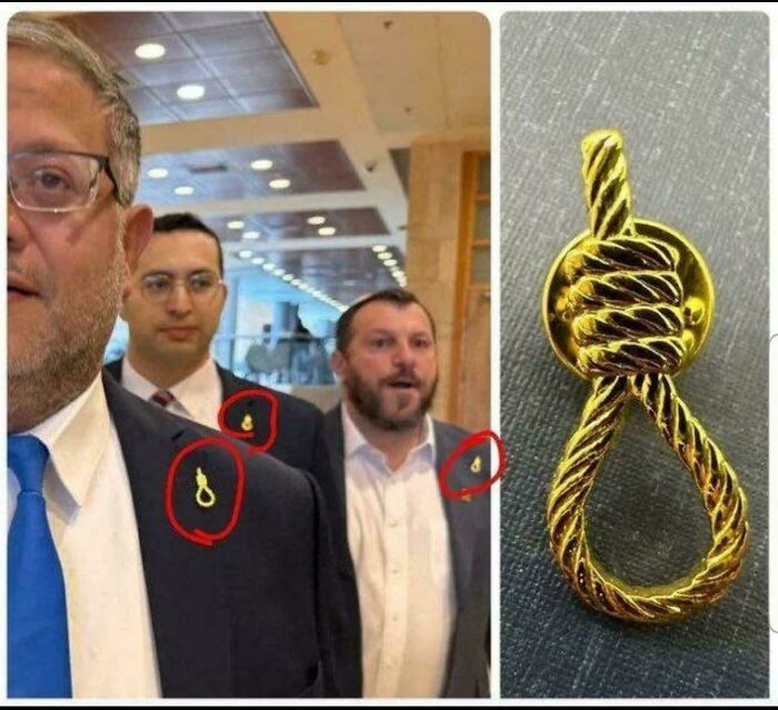 Miembros del partido Otzma Yehudit (Poder Judío) en la Comisión de Seguridad Nacional de la Knesset lucieron insignias con forma de soga durante un debate sobre un proyecto de ley para ejecutar a detenidos palestinos.
