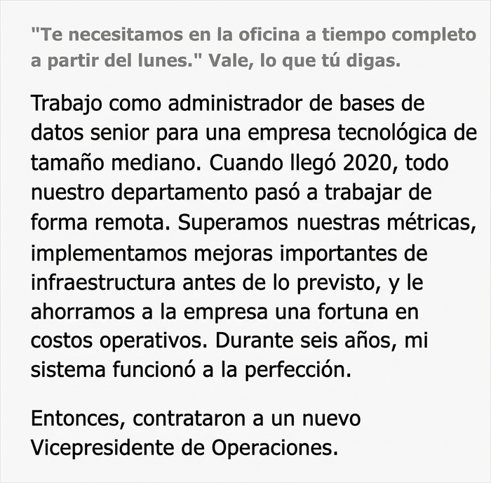 Este jefe espera que su empleado vuelva a la oficina tras 6 años trabajando en remoto, y él demuestra que su oficina en casa fue aprobada por RRHH Este jefe espera que su empleado vuelva a la oficina tras 6 años trabajando en remoto, y él demuestra que su oficina en casa fue aprobada por RRHH