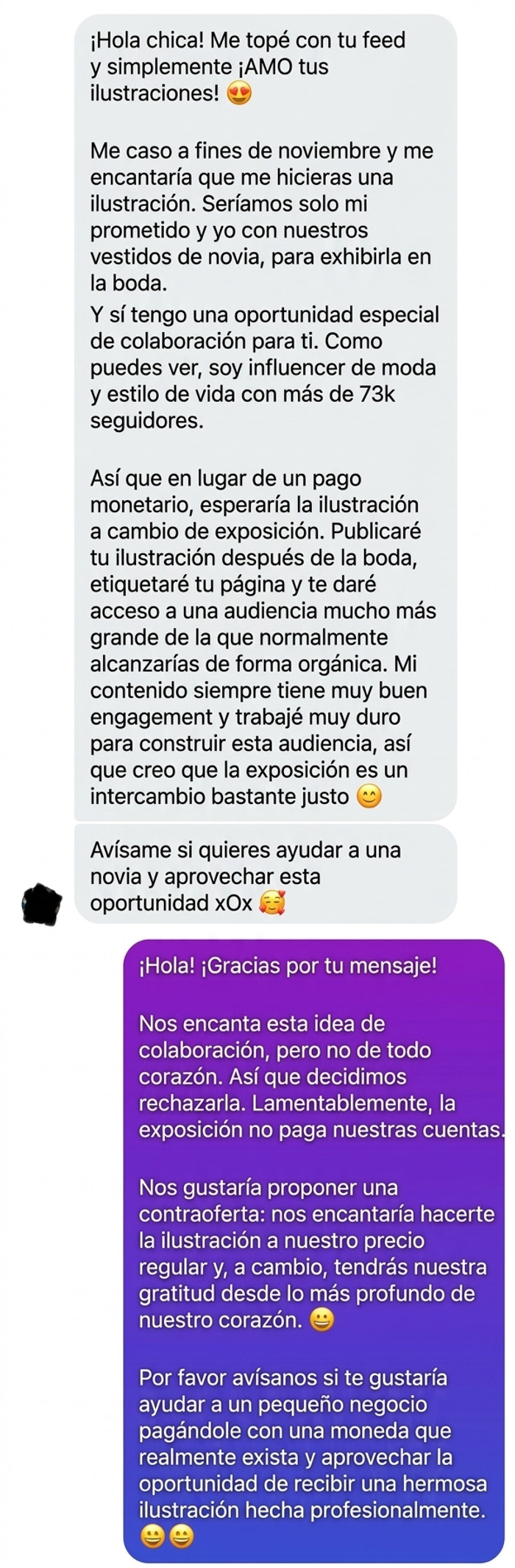 Novia influencer pidiendo una obra de arte gratis