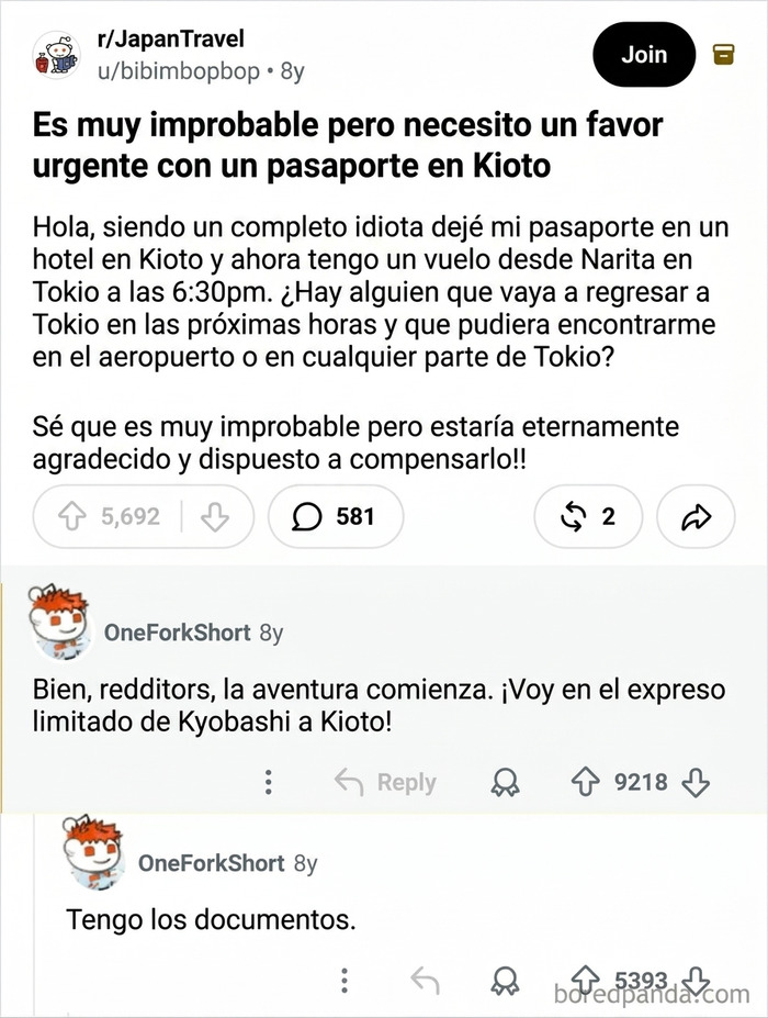Una usuaria de Reddit olvidó su pasaporte en un hotel de Kioto, tenía un avión que tomar en Tokio en 6 horas, U/Oneforkshort lo recogió y se lo entregó en 4 horas.