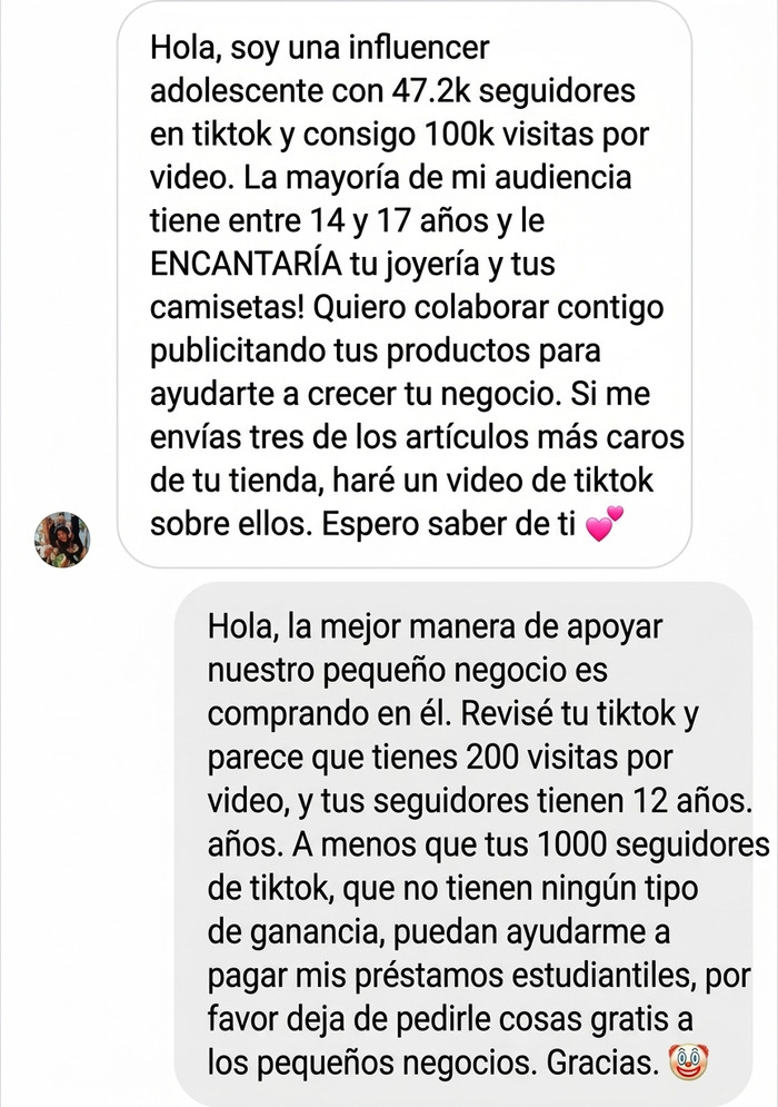 Me llegan muchos mensajes de "estrellas" de tiktok pidiendo cosas gratis, este es uno de ellos