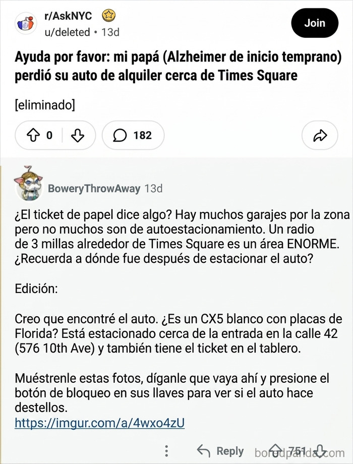 Un usuario encuentra un coche de alquiler perdido en Nueva York por el padre de otro usuario de Reddit, que padece Alzheimer de inicio temprano