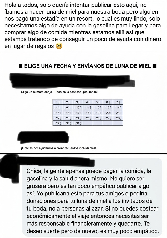 Novia pidiendo donaciones en el foro público de la ciudad