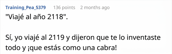 Captura de pantalla de un comentario sobre un hombre que afirma haber visto el a&ntilde;o 2118 y el futuro.