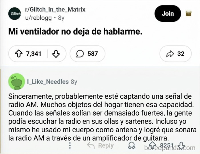 Un usuario de Reddit oye voces que provienen de su ventilador eléctrico y cree que se está volviendo loco. Otro usuario de Reddit explica que probablemente esté captando una señal de radio AM.
