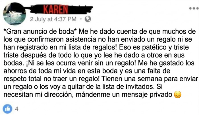 Novia exigiendo regalos