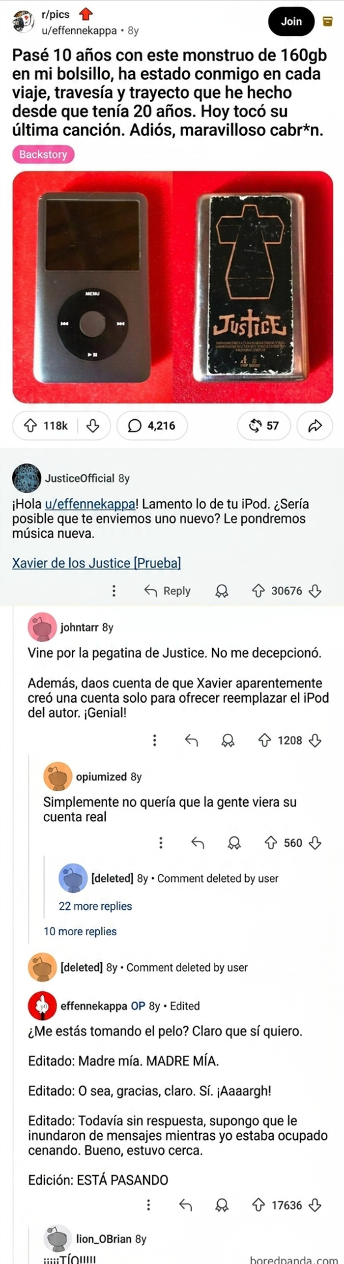Un usuario publica una foto de su querido iPod averiado, con 10 años de antigüedad y una pegatina de la banda Justice en la parte trasera. Un miembro de Justice aparece en los comentarios, ofreciéndole al usuario un iPod nuevo.
