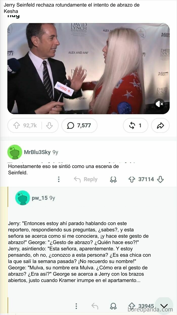 Jerry Seinfeld rechaza el abrazo de Kesha, y varios usuarios recrean la escena perfecta de Seinfeld a partir de ello