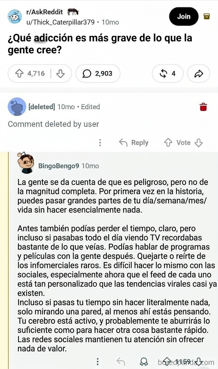 Describe por qué mirar compulsivamente y constantemente las redes sociales es una forma mucho más peligrosa de usar el tiempo en comparación con otras formas en que hemos invertido nuestro tiempo en el pasado.