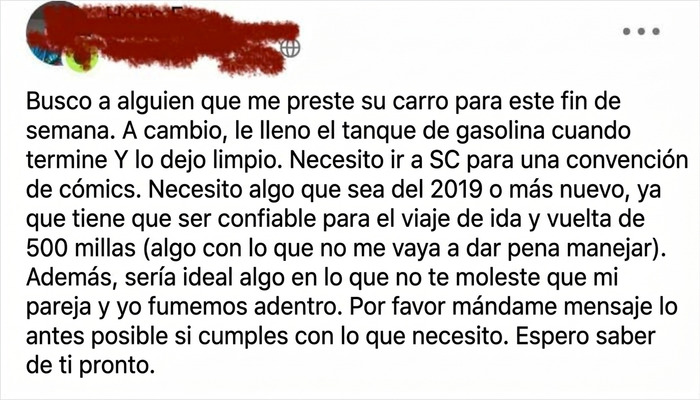Préstame tu coche gratis, pero que sea razonablemente bueno, y dejame fumar dentro