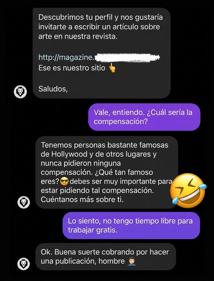 Esta revista me pide que escriba para ellos y esto responden cuando pregunto por la paga